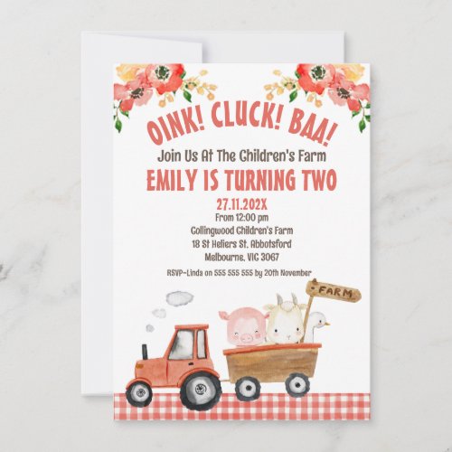 Girls Red Plaid Farm Animals Zoo Birthday Invitation