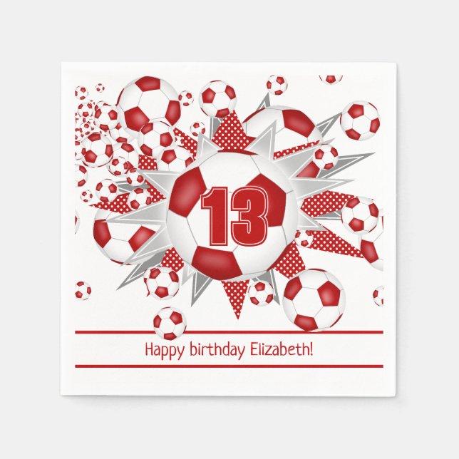 Girls red soccer birthday or team party napkins (Front)