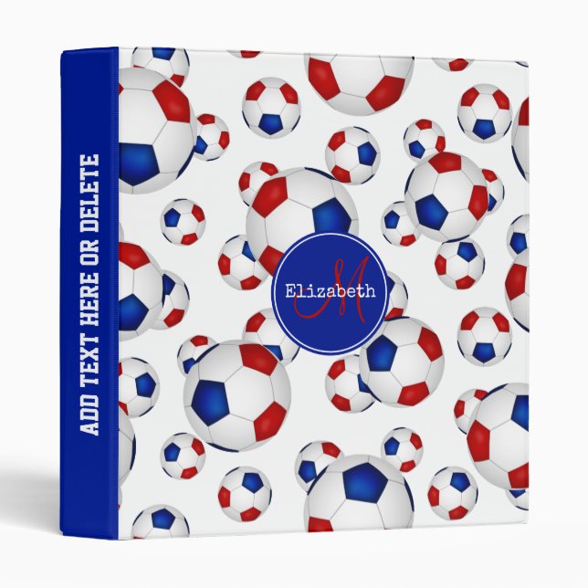girl's red white and blue soccer balls pattern 3 ring binder (Front/Spine)