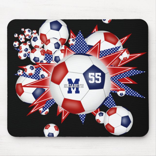 girls red white blue soccer ball blowout mouse pad (Front)