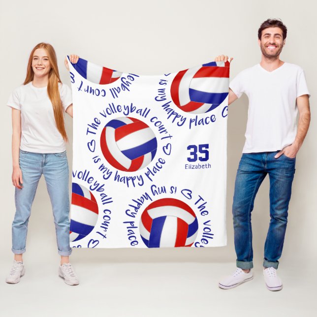girls red white blue volleyball court happy place fleece blanket (In Situ)