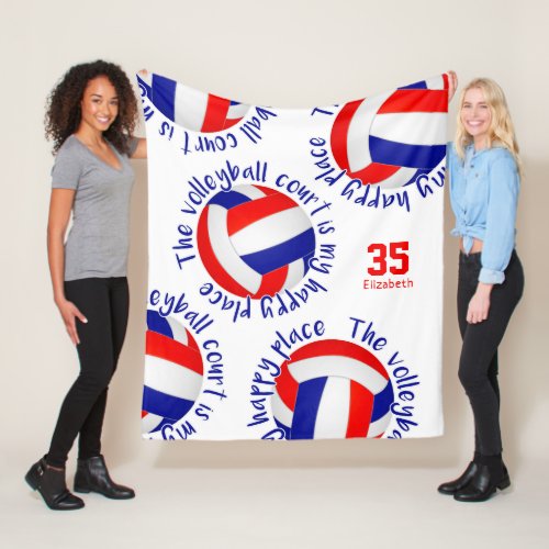 girls red white blue volleyball court happy place fleece blanket