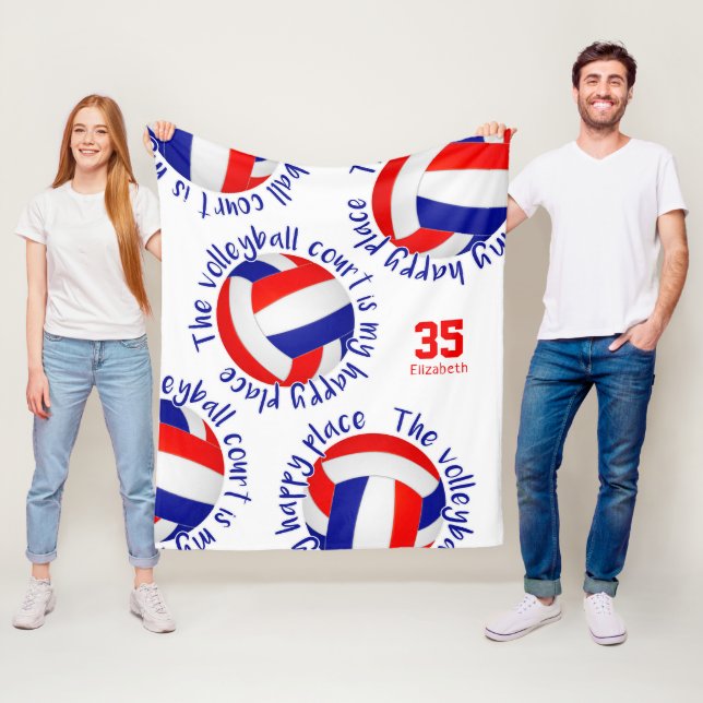 girls red white blue volleyball court happy place fleece blanket (In Situ)