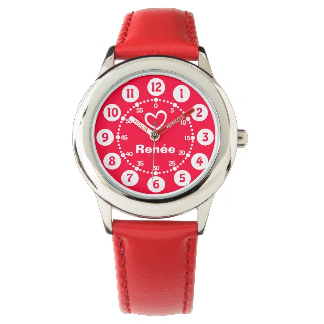 Girls red & white heart short name wrist watch (Front)