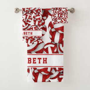 Girls red white volleyballs pattern personalized bath towel set
