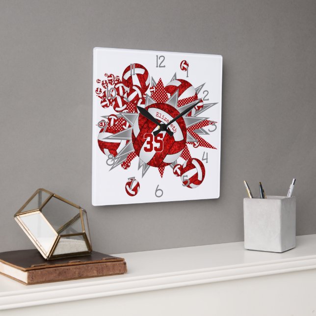 girls red white volleyballs stars custom name square wall clock (Office)