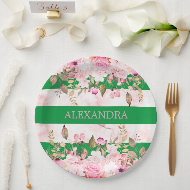 Girls Religious Celebration Green Pink Stripe  Paper Plates (Wedding)