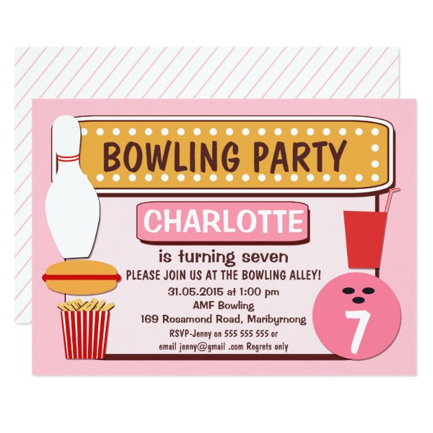 Girls Retro Bowling Birthday Party Invitation