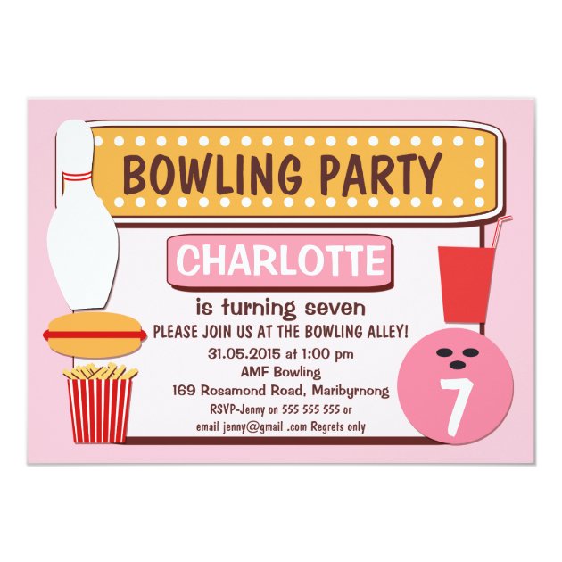 Girls Retro Bowling Birthday Party Invitation