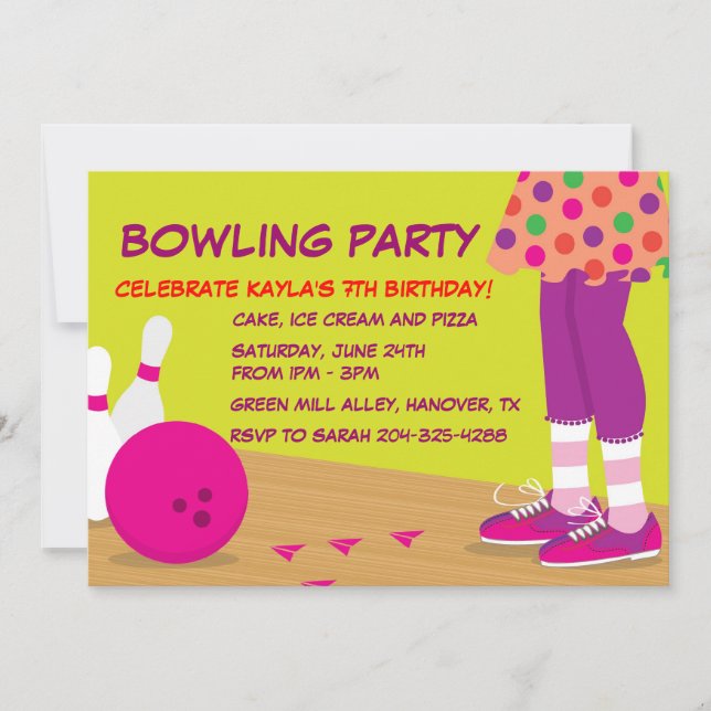 Girl's Retro Bowling Birthday Party Invitations (Front)