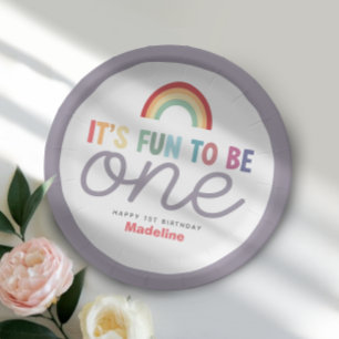 Girls Retro Fun to be One Rainbow 1st Birthday Paper Plates