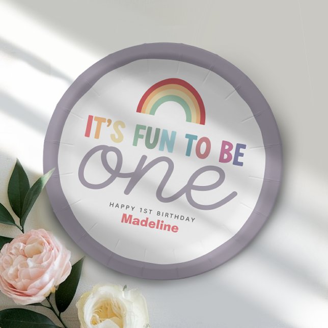 Girls Retro Fun to be One Rainbow 1st Birthday Paper Plates (Creator Uploaded)