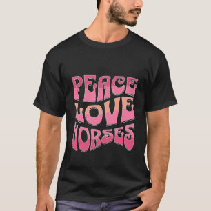 Girls Retro Horse Peace Love Horses Wavy Pink Tex T-Shirt