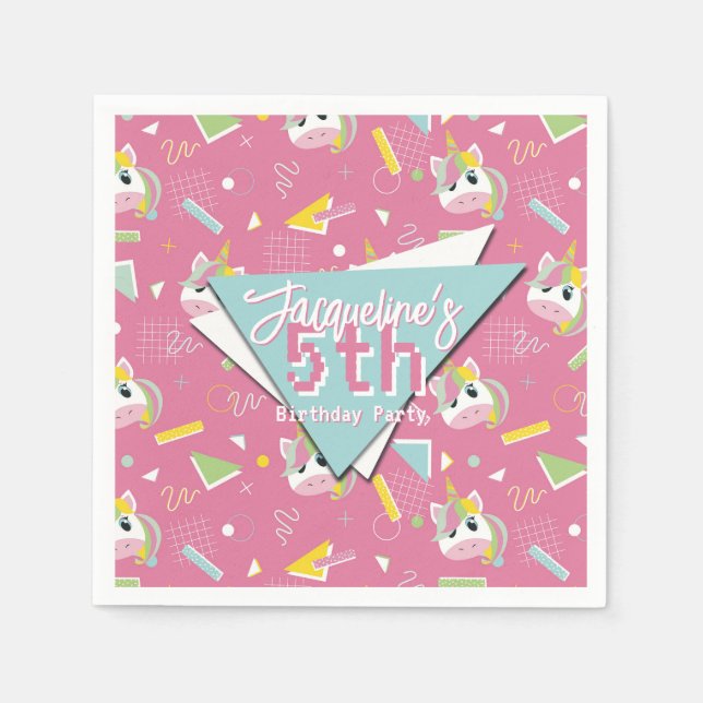 Girls Retro Pink Unicorn Birthday Napkins (Front)