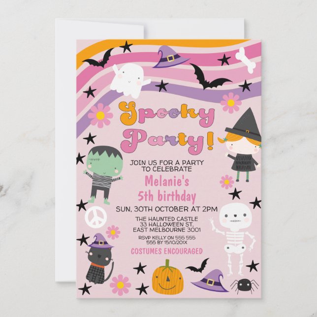Girls Retro Pooky Party Halloween Birthday Invitation (Front)