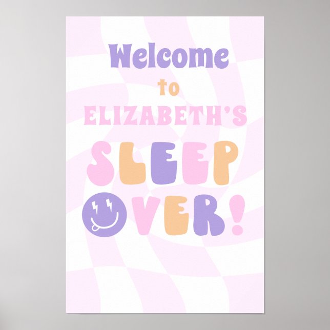 Girls Retro SLEEPOVER Birthday Party Welcome Poster (Front)