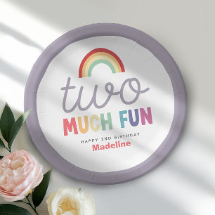 Girls Retro Two Much Fun Rainbow 2nd Birthday Paper Plates