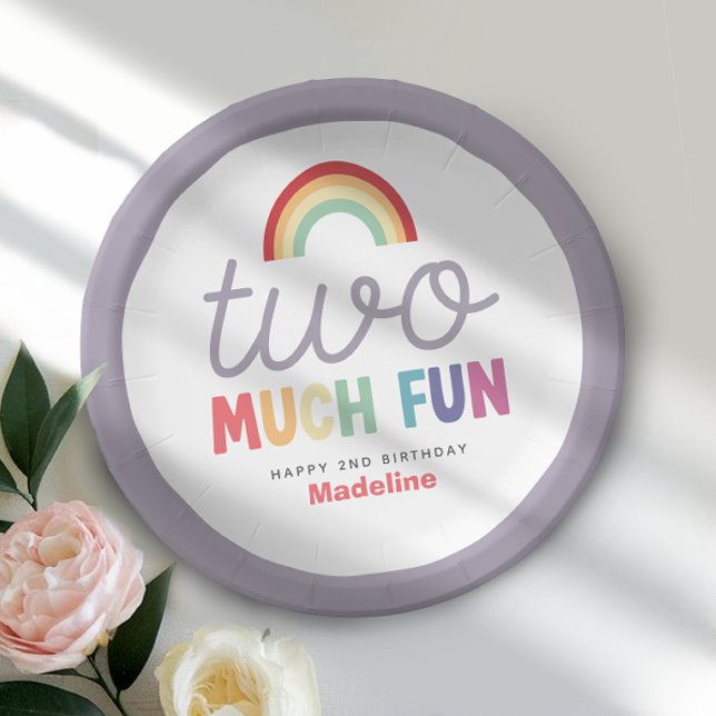 Girls Retro Two Much Fun Rainbow 2nd Birthday Paper Plates (Creator Uploaded)