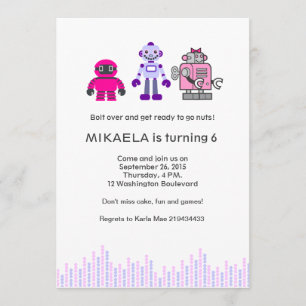 Girl's Robot Birthday Party Invitation