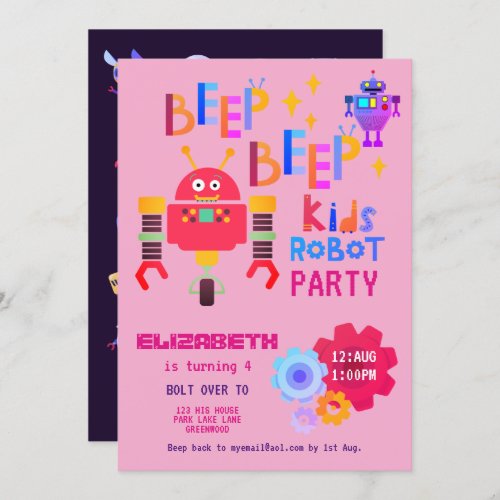 Girls ROBOT PARTY Pink Birthday Cartoon Cute Invitation