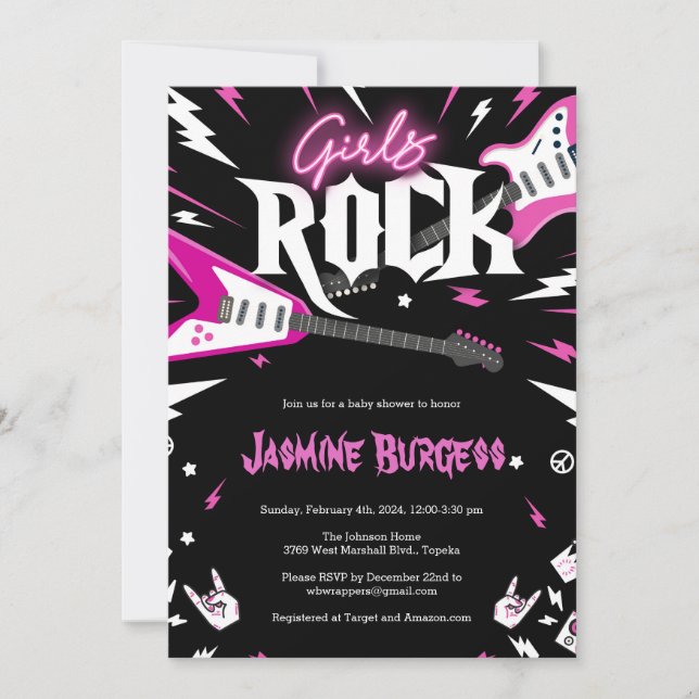 Girls ROCK Baby Shower Invitation, Guitar Invite (Front)