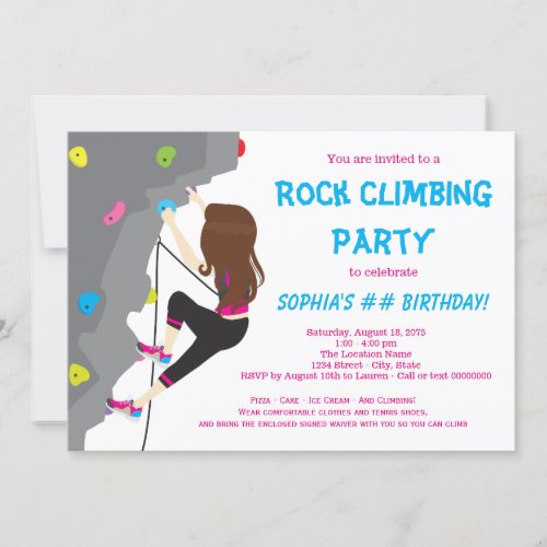 Girls Rock Climbing Birthday Party Invitations