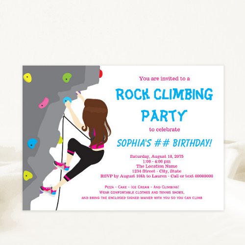 Girls Rock Climbing Birthday Party Invitations