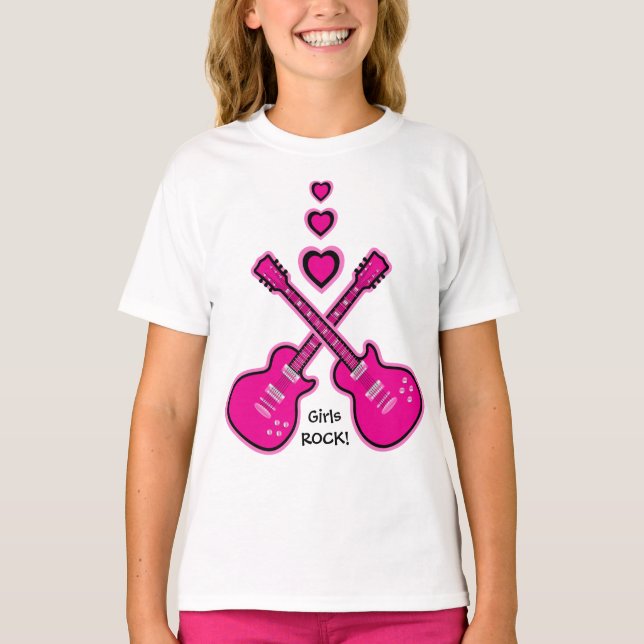 Girls ROCK!  Pink & Black Guitars & Hearts T-Shirt (Front)