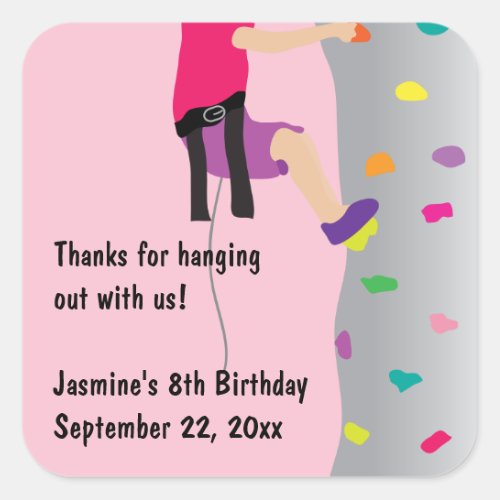 Girls Rock Wall Climbing Birthday Party Favor Square Sticker