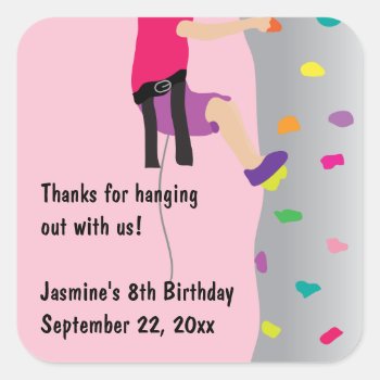 Girl's Rock Wall Climbing Birthday Party Favor Square Sticker by adams_apple at Zazzle