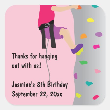 Girl's Rock Wall Climbing Birthday Party Favor Square Sticker