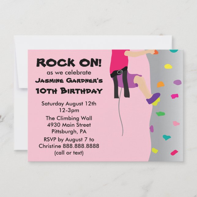 Girl's Rock Wall Climbing Birthday Party Invitation (Front)