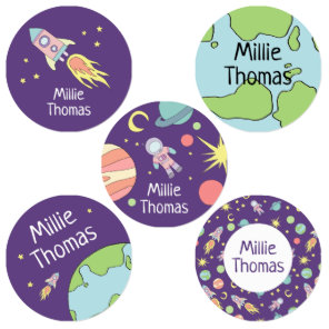 Girls Rocket Ship Space Galaxy Pattern and Name Kids' Labels