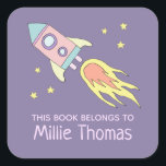 Girl's Rocket Ship 'This Book Belongs' and Name Square Sticker<br><div class="desc">These gorgeous kids bookplate 'this book belongs to' stickers features a beautiful and pink hand drawn rocket ship in space with stars. The design also features a place for you to add your girl's name. The perfect addition to any toddler or child' school supplies!</div>