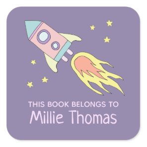 Girl's Rocket Ship 'This Book Belongs' and Name Square Sticker