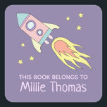 Girl's Rocket Ship 'This Book Belongs' and Name Square Sticker<br><div class="desc">These gorgeous kids bookplate 'this book belongs to' stickers features a beautiful and pink hand drawn rocket ship in space with stars. The design also features a place for you to add your girl's name. The perfect addition to any toddler or child' school supplies!</div>