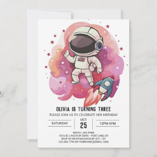 Girl's Rocket Whimsy Astronaut Birthday Invitation