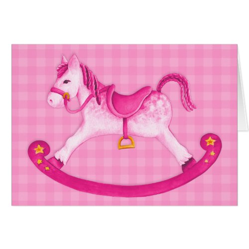 Girls Rocking horse art card pink