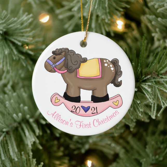 Girls Rocking Horse Baby's First Christmas  Ceramic Ornament (Tree)