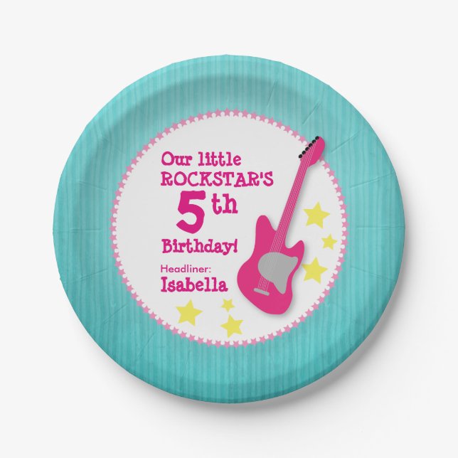 Girl's Rockstar Birthday with Pink Guitar Paper Plates (Front)