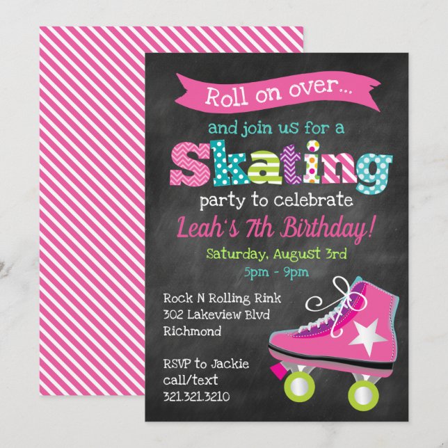 Girls Roller Skating Birthday Party - Chalkboard Invitation (Front/Back)