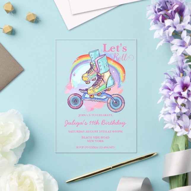 Girls Roller Skating pink Birthday Party Acrylic Invitations (Insitu (Wedding))