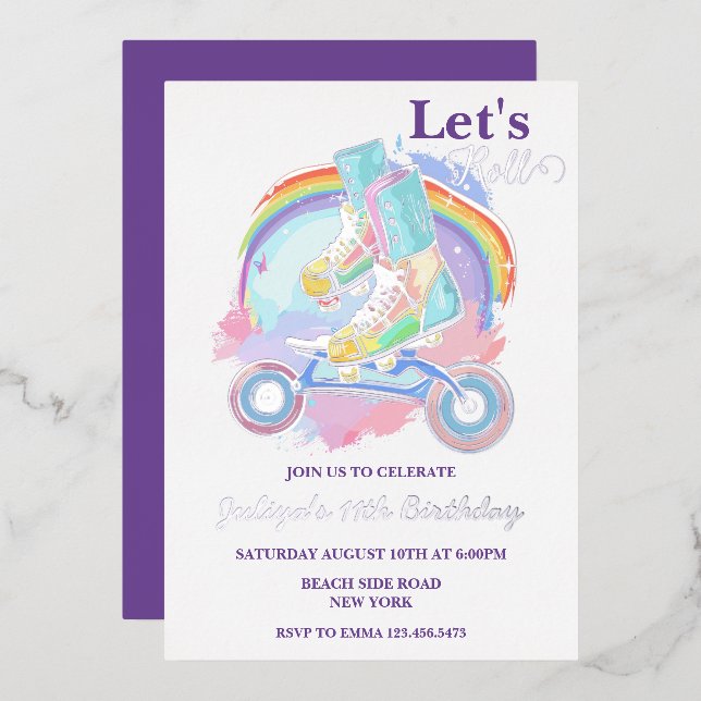 Girls Roller Skating purple Birthday Party Foil Invitation (Front/Back)