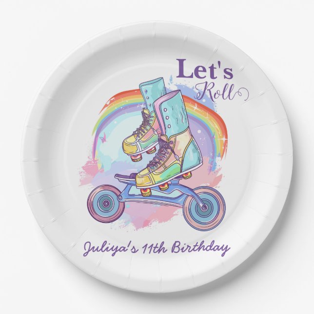 Girls Roller Skating purple Birthday Party Paper Plates (Front)