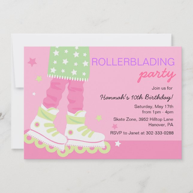 Girls Rollerblading Birthday Party Invitations (Front)