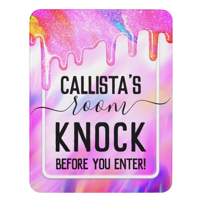Girl's Room Neon Unicorn Holographic Glitter Drips Door Sign (Contemporary Vert)