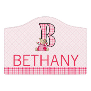 Girl's Room Pink Bear Letter B with Name Door Sign