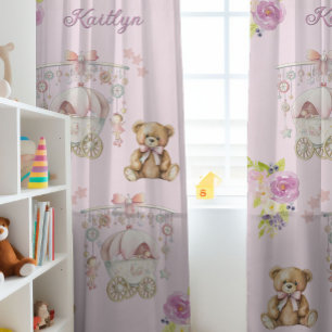 Girl's Room Teddy Bear Carriage Flowers Name Blackout Curtains