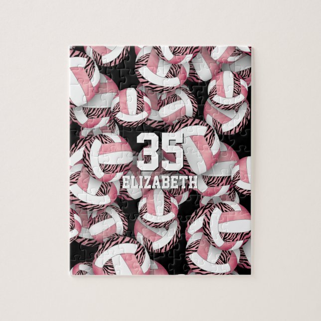 Girls rose gold pink w zebra stripes volleyballs jigsaw puzzle (Vertical)