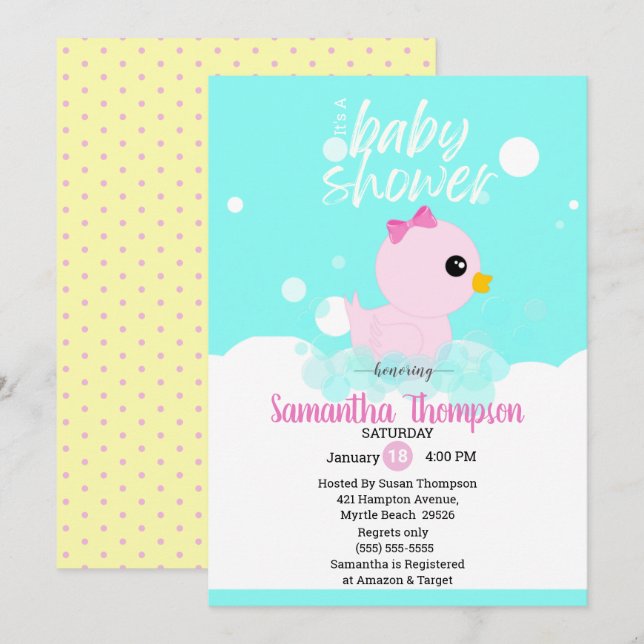 Girls Rubber Ducky Baby Shower Invitations (Front/Back)